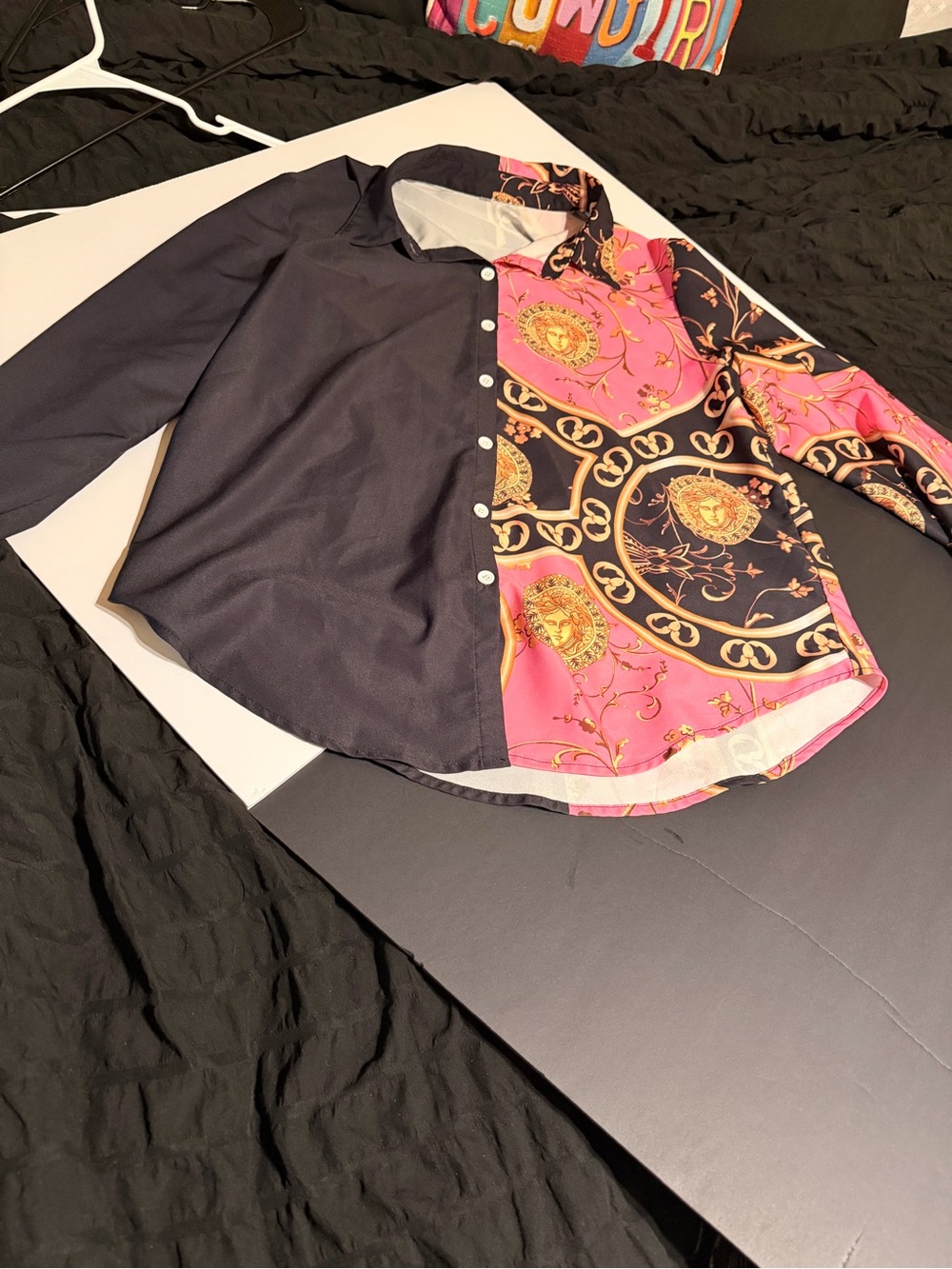 Two-Tone Black and Pink Printed Button-Down Shirt